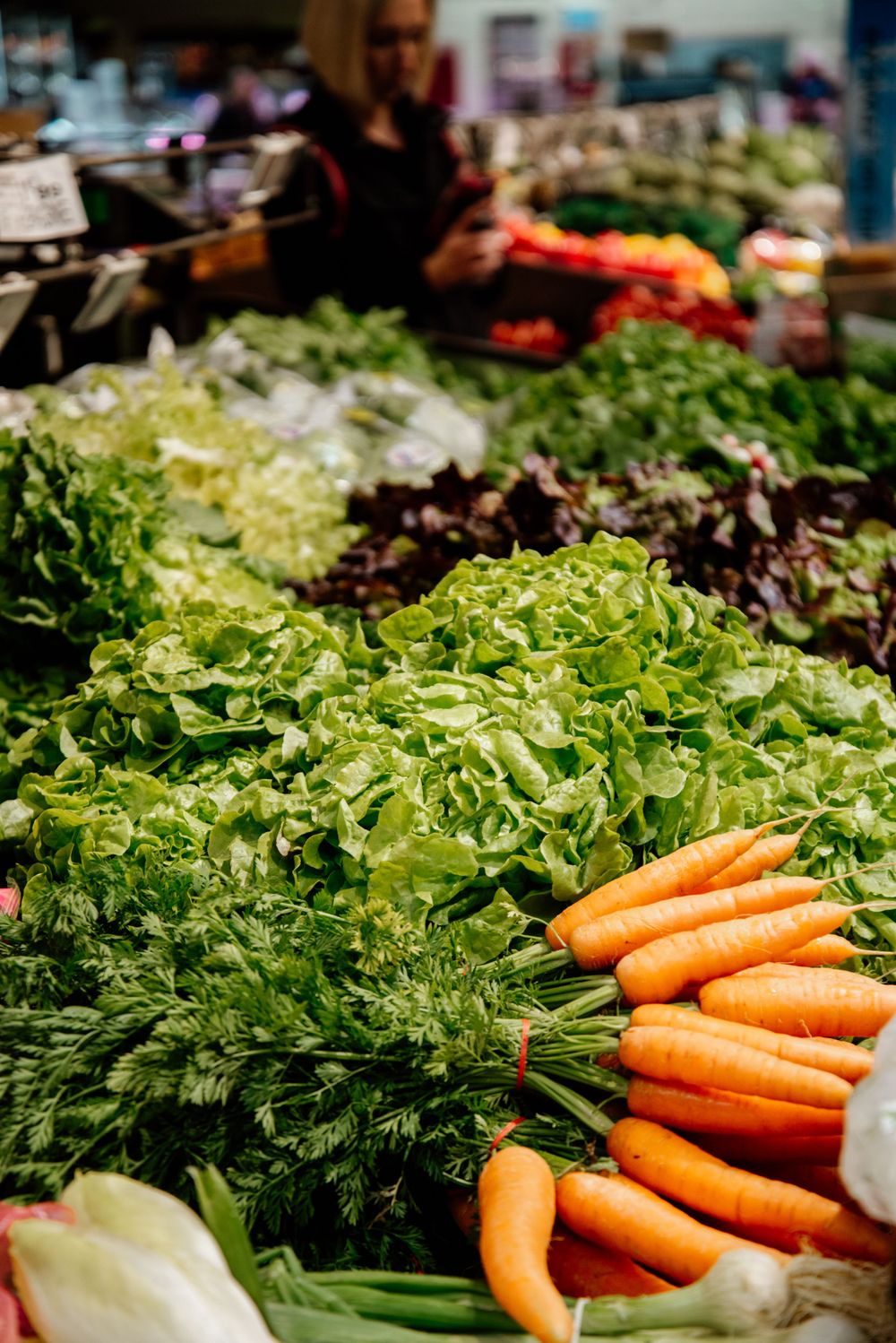 A vibrant market vegetable display with fresh green lettuce, herbs, and bright orange carrots for sale.