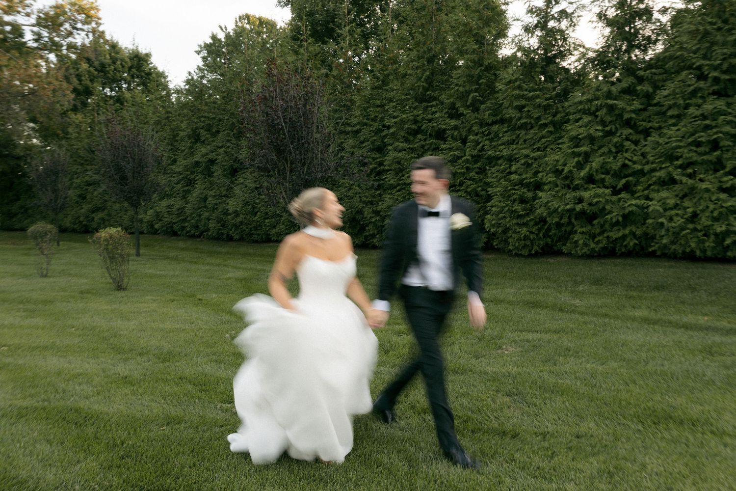 Wedding photography sequence in a lush green garden setting.