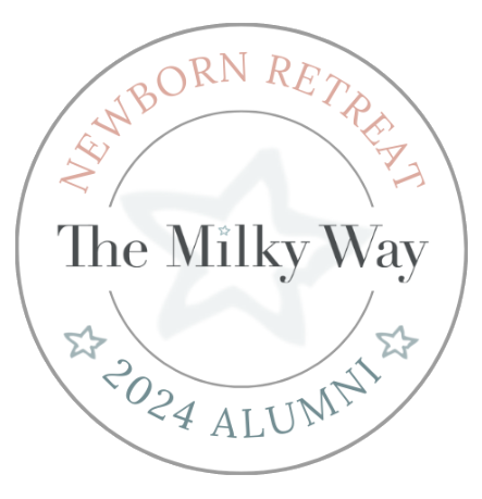 Circular logo for The Milky Way Newborn Retreat 2024 Alumni in pink and gray.