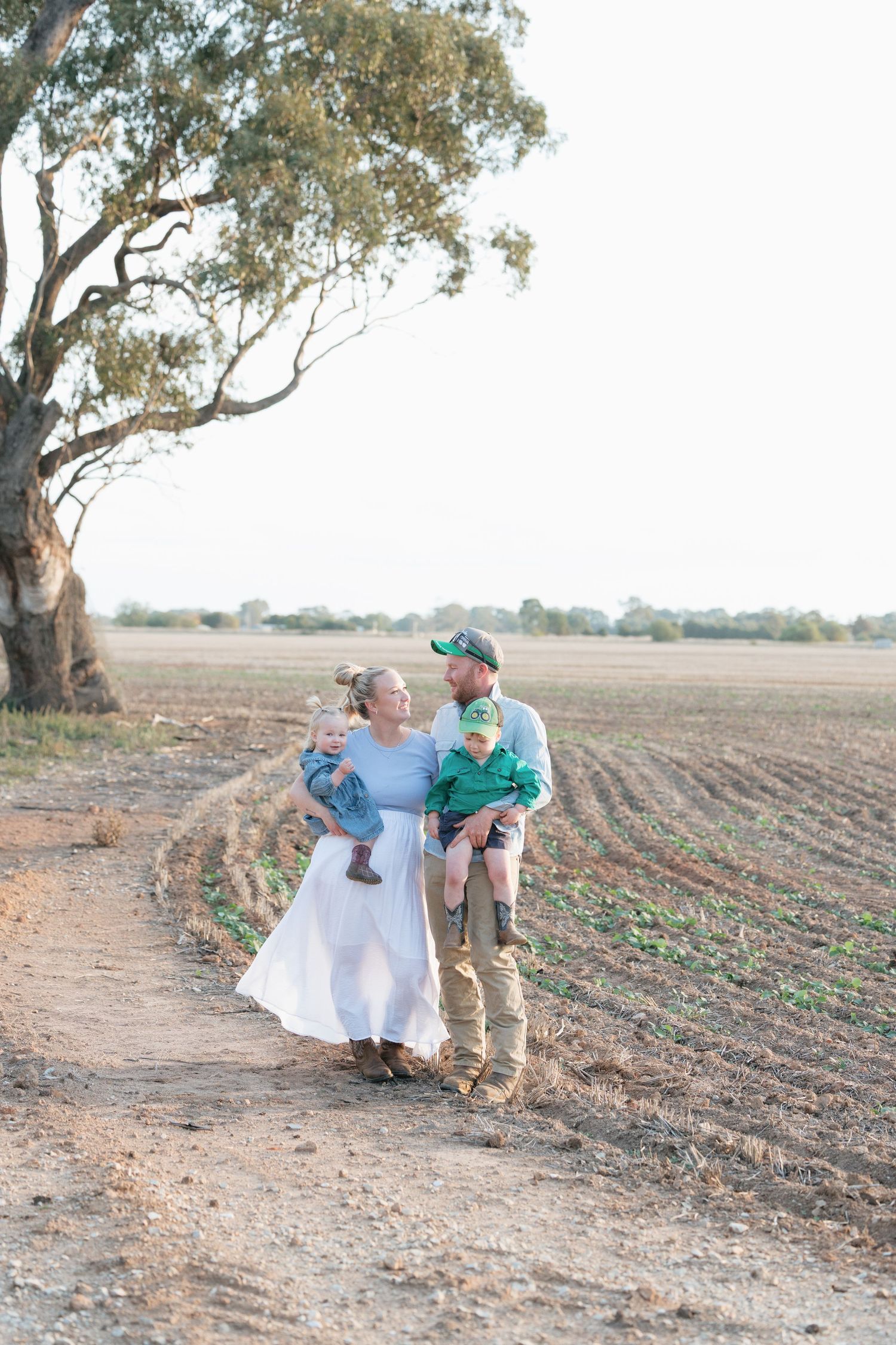 A family of four walks along a rural farm path, parents carrying two young children near a large gum tree in golden light.