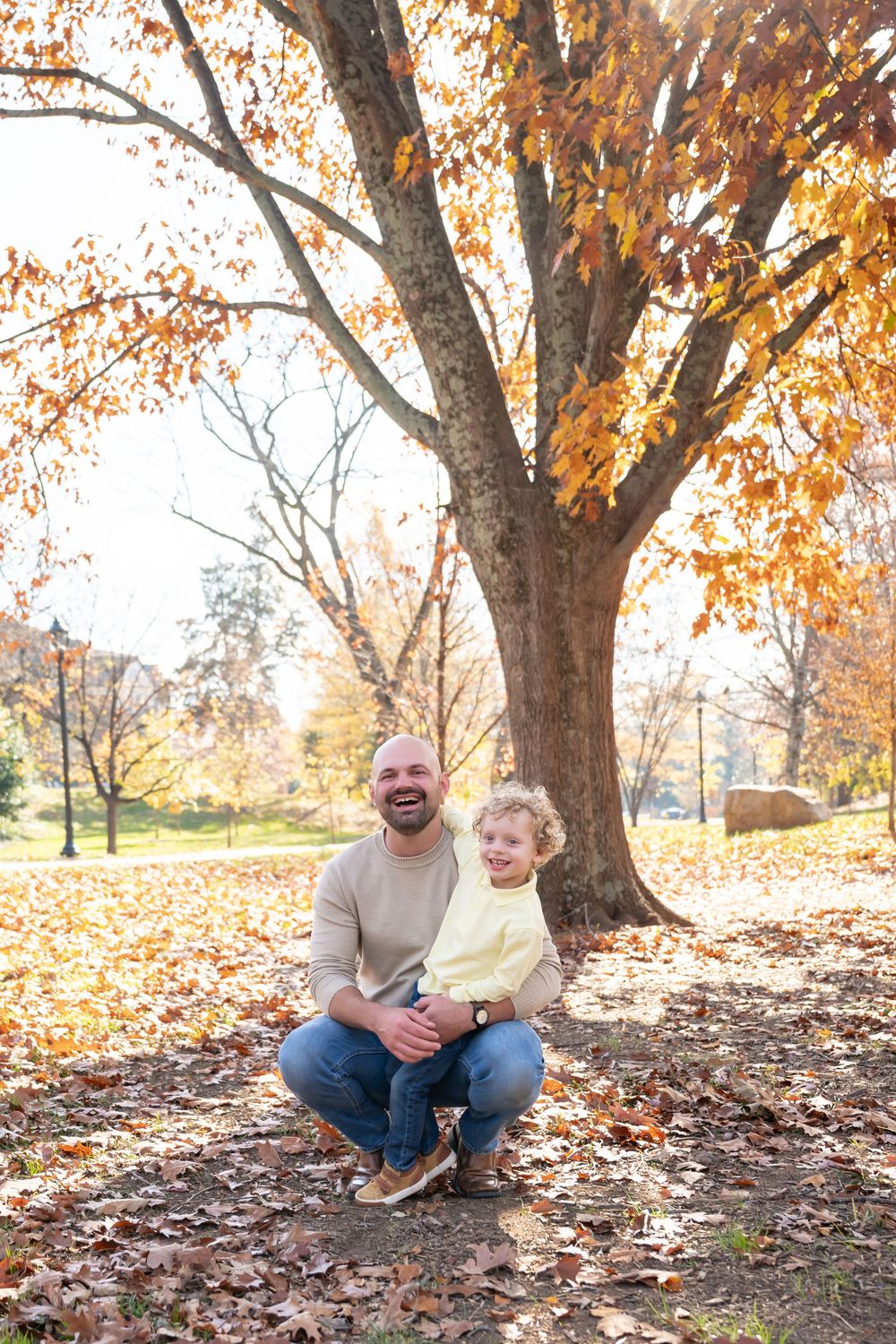 Two people sitting together under a large autumn tree with golden leaves and fallen foliage on the ground in a park.