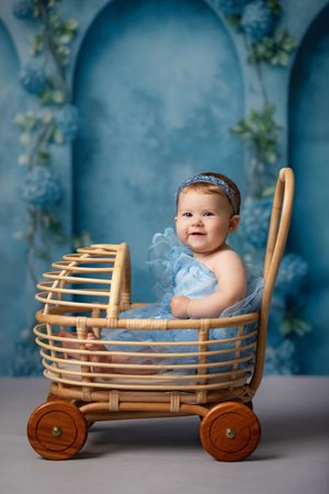 A wicker baby carriage with wooden wheels sits against a blue arched backdrop with climbing floral decorations.