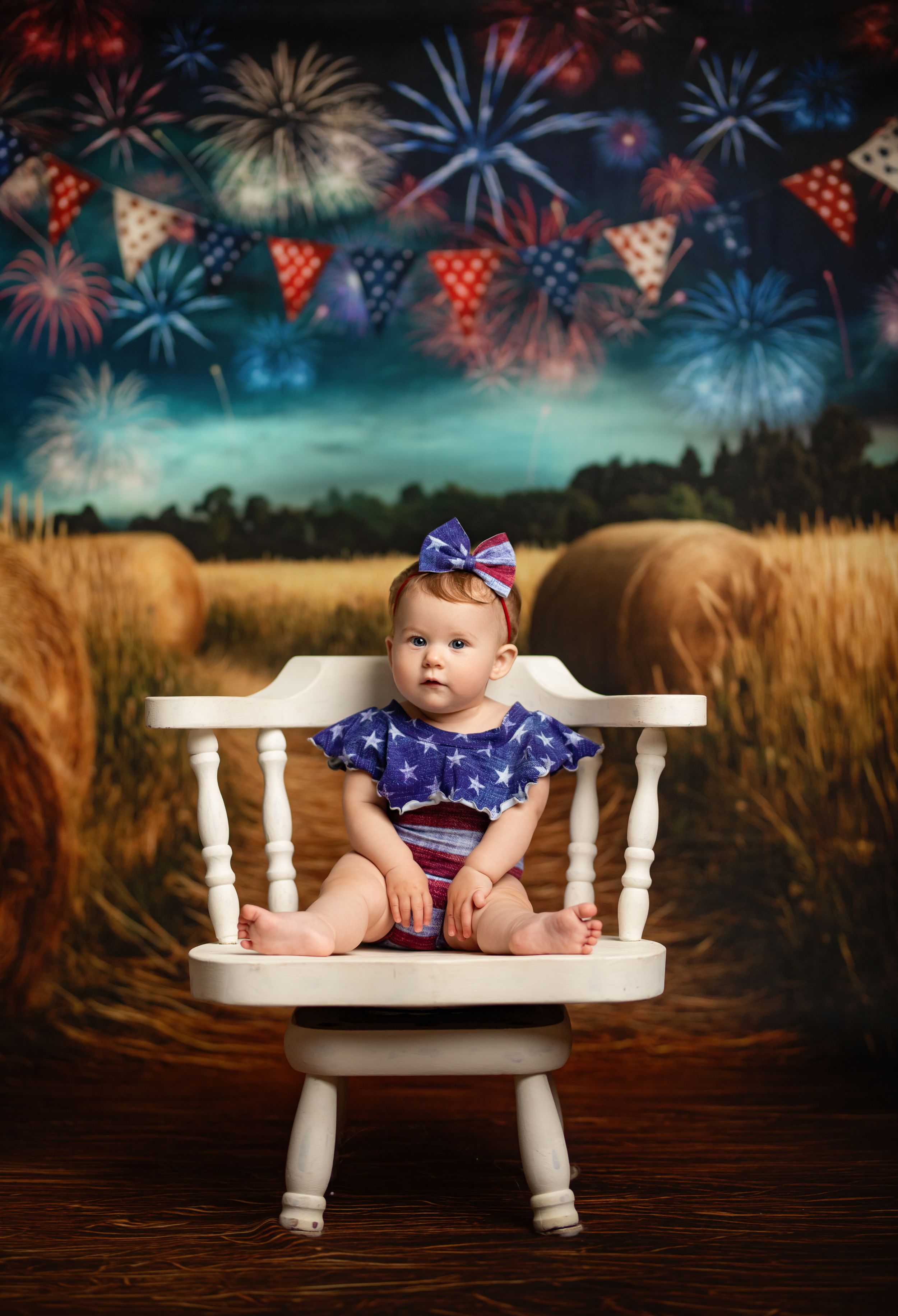 A patriotic Fourth of July themed photo series in a rustic setting with fireworks overlay and festive props.