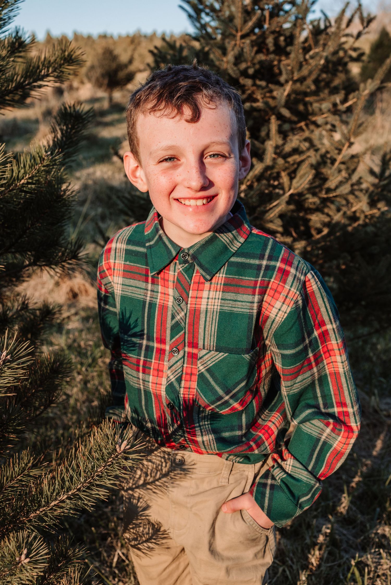 Smiling boy in green plaid shirt standing among pine trees at a Christmas tree farm.