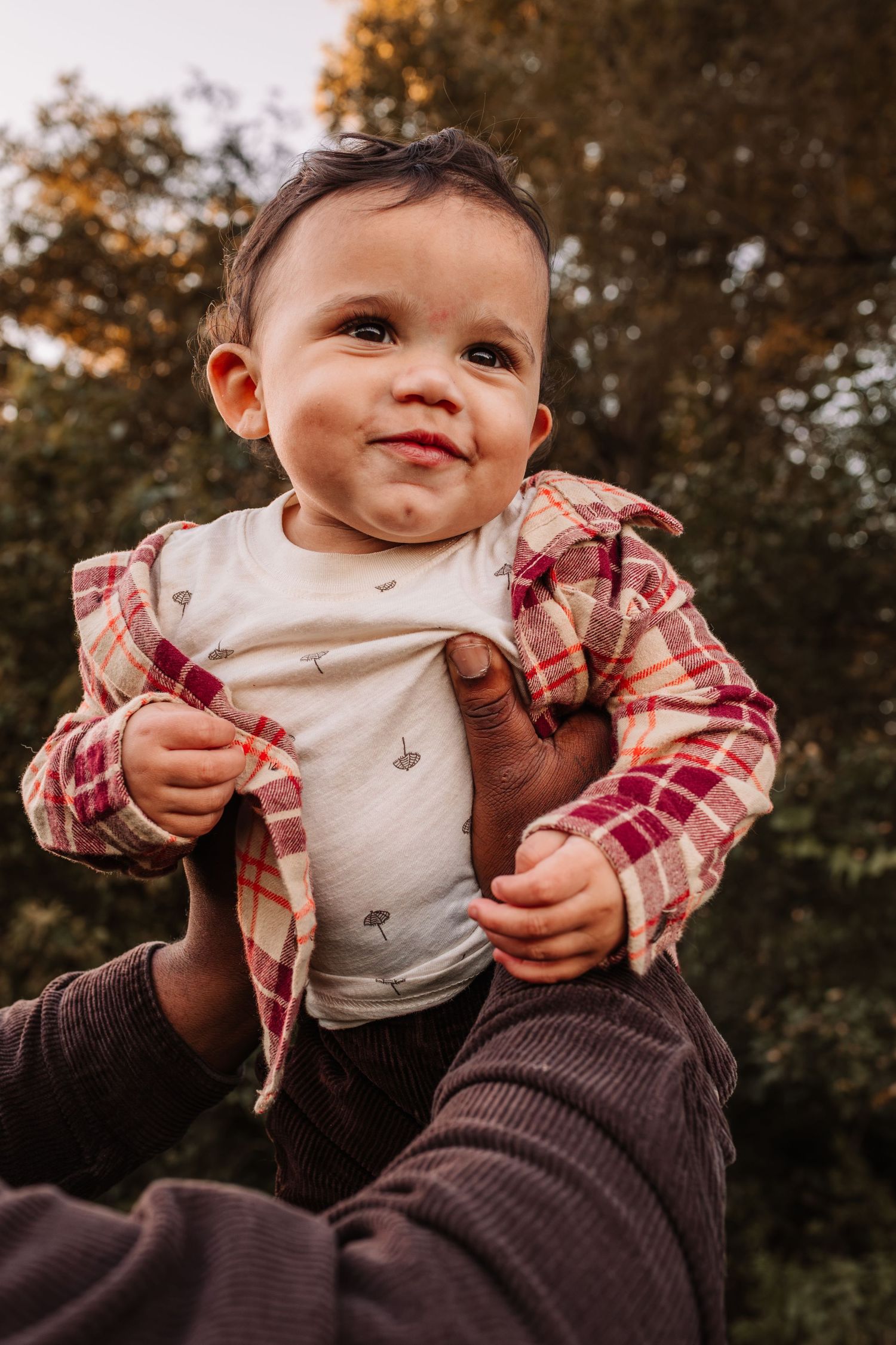 Adorable baby in plaid shirt being lifted up outdoors with autumn trees in background.
