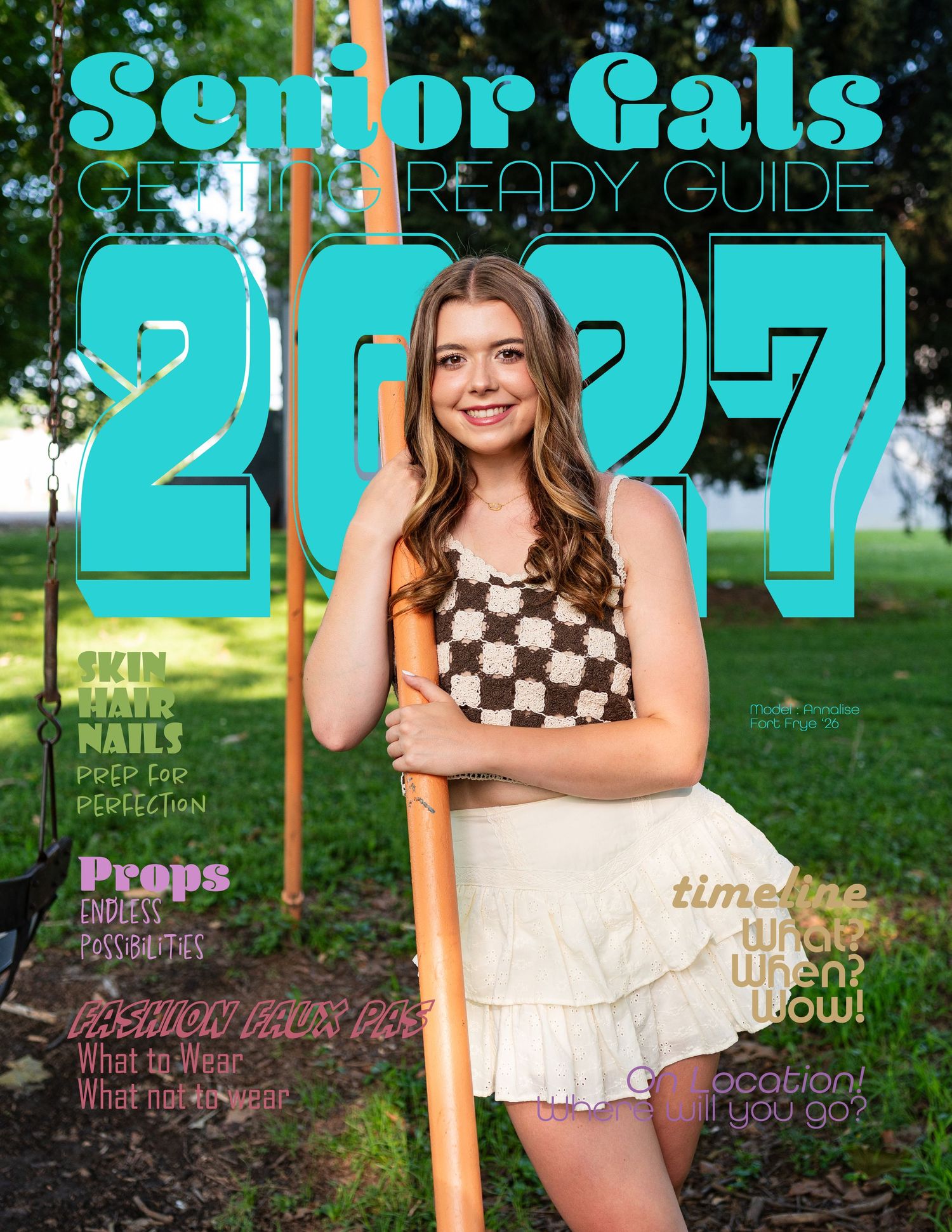 Senior portrait guide marketing images with text overlays on beige background.