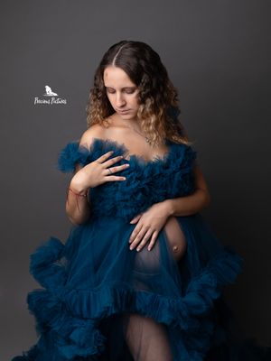 Stunning studio maternity photoshoot in a dark blue ruffled tulle gown, professional pregnancy portraits by Precious Pictures, Malta
