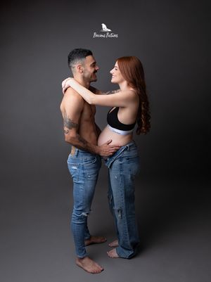 Intimate studio maternity session with couple in matching denim by Precious Pictures, Rabat, Malta.