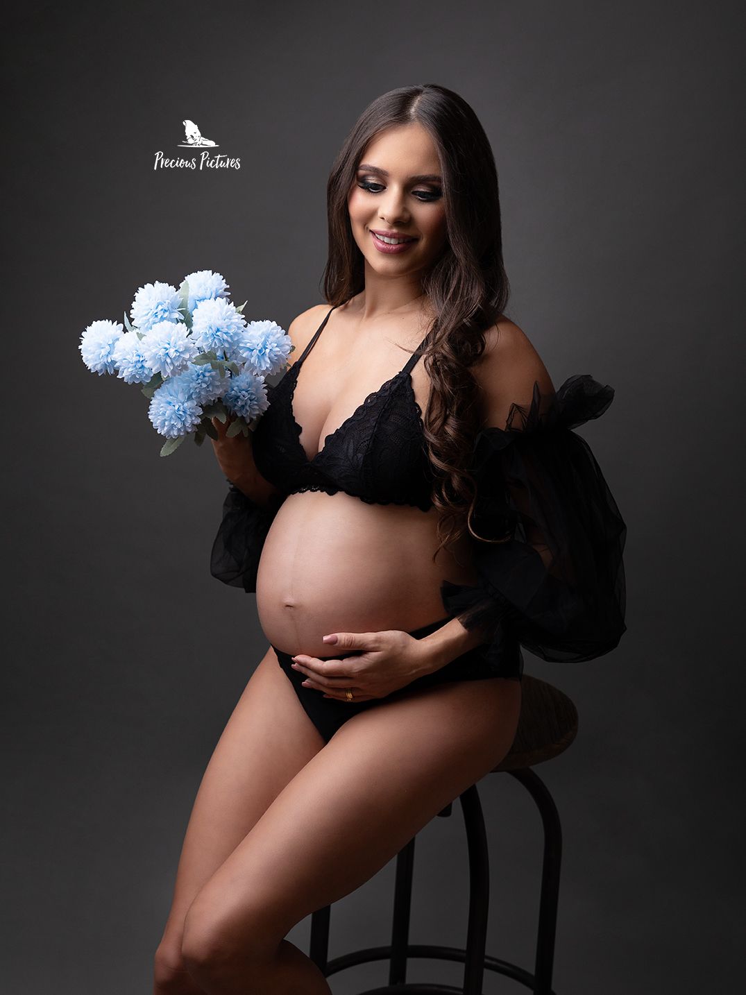 Stylish studio maternity session with blue accessories, Precious Pictures photography, Malta