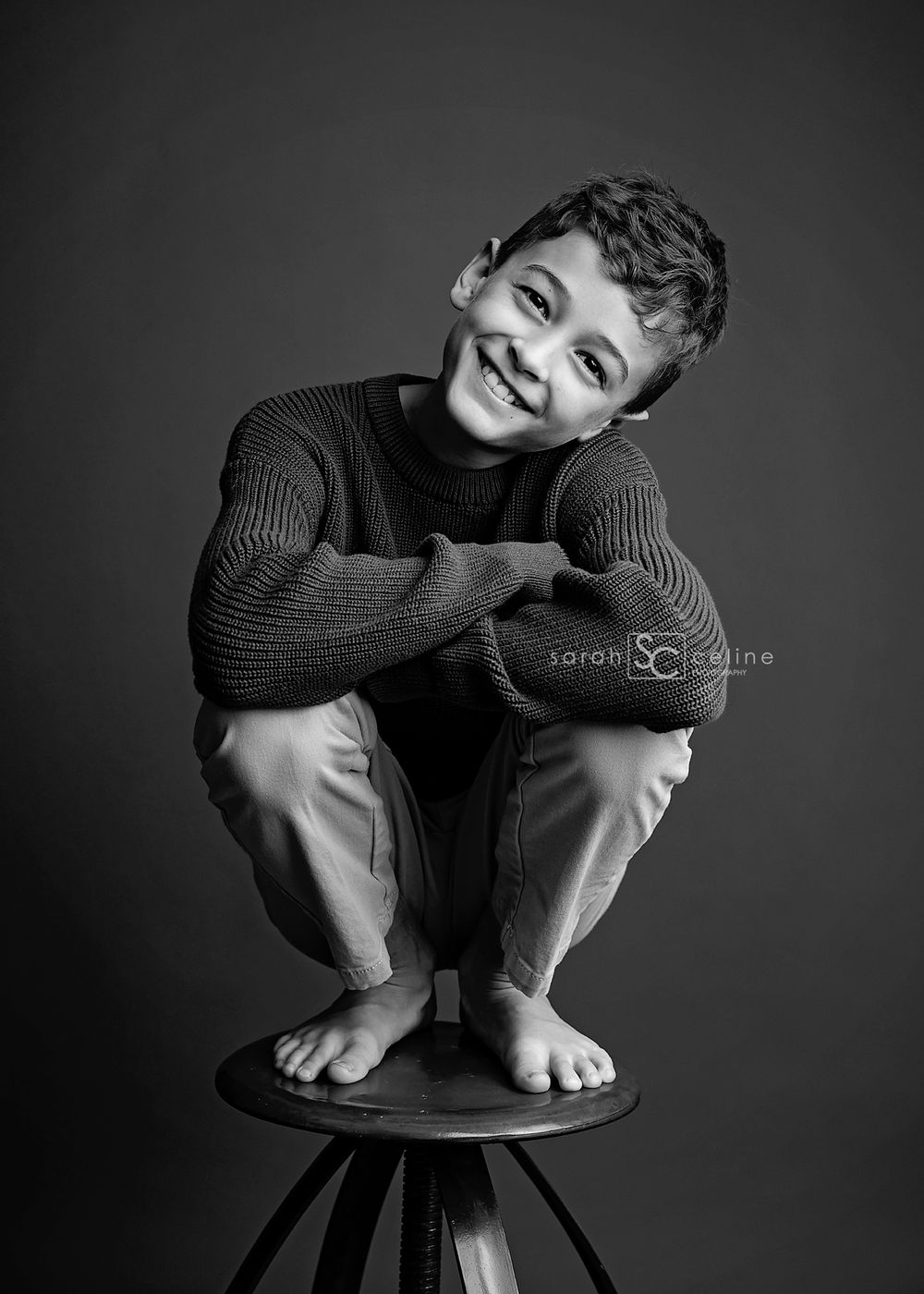 Dramatic black and white photo series showing a person crouched on a wooden chair in various artistic poses.