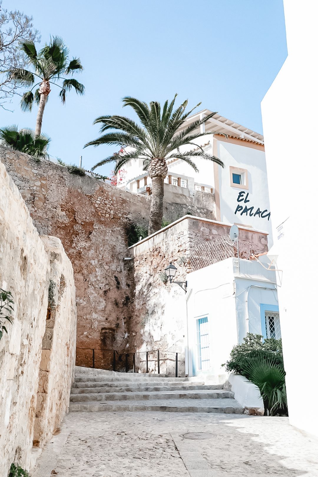 White Mediterranean building with palm trees and stone steps leading up to El Palacio.