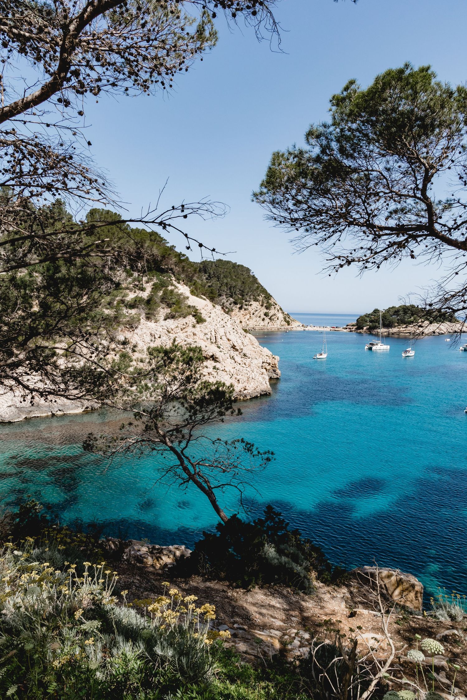 Turquoise Mediterranean cove with boats anchored between rocky cliffs and pine trees.