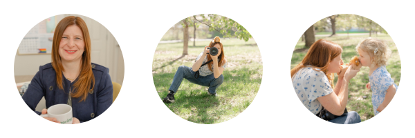 3 circular photos: Sarah in an office, squatting to take photos with a beanie baby on her head, & sharing a stuffed animal with a toddler