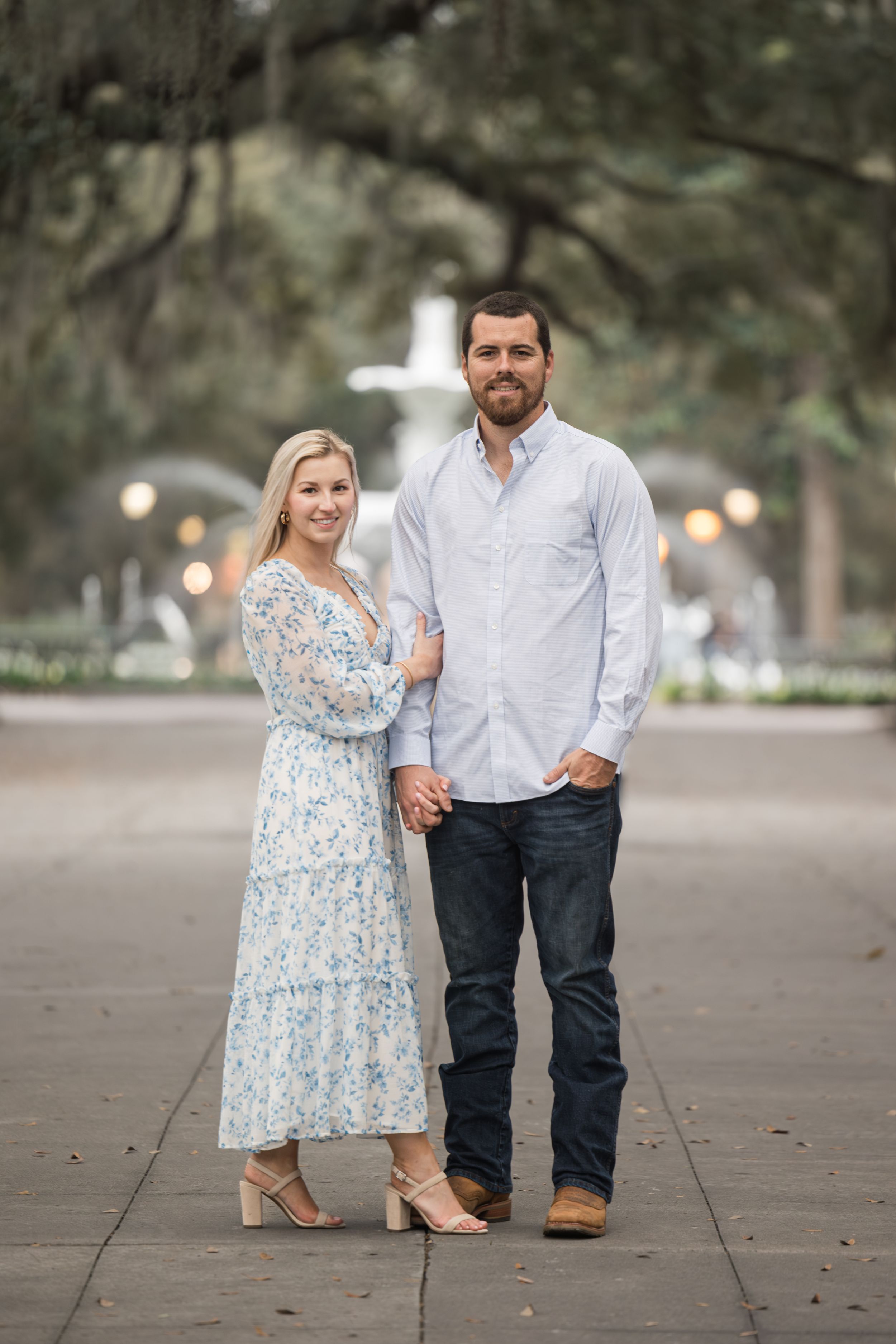 A series of candid moments captured on a moss-draped pathway in a southern garden.