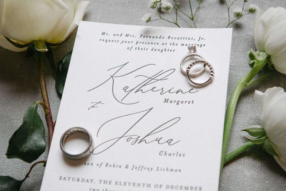 Wedding invitation with elegant calligraphy displayed alongside wedding rings and white roses against a light background.