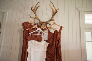A collection of brown and white formal dresses displayed on hangers against a white paneled wall. Colinton Country Lodge