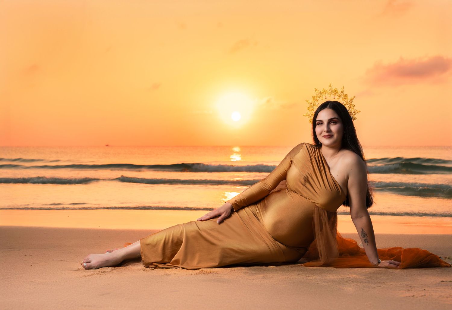 Artistic maternity portrait with mom-to-be in black outfit, warm brown backdrop, and editorial style at ILU Studio Orlando.