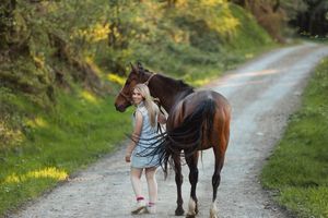 A horse and rider walk together on a sunlit country path surrounded by greenery.