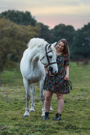 White pony stands in a grassy field during golden hour.
