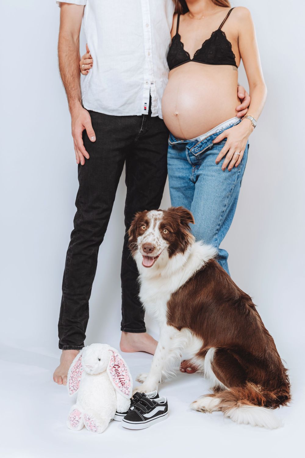 Pregnant couple with border collie dog, baby shoes and bunny toy on white background.