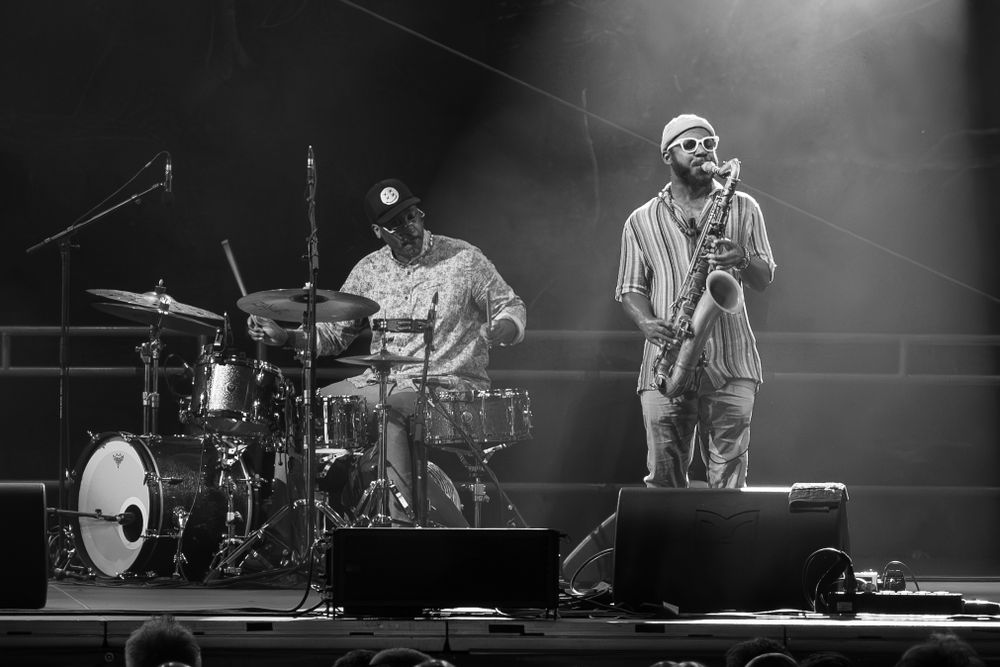 Black and white concert photo.