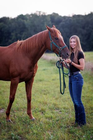 A beautiful chestnut horse with bridle stands with someone in a field during golden hour.