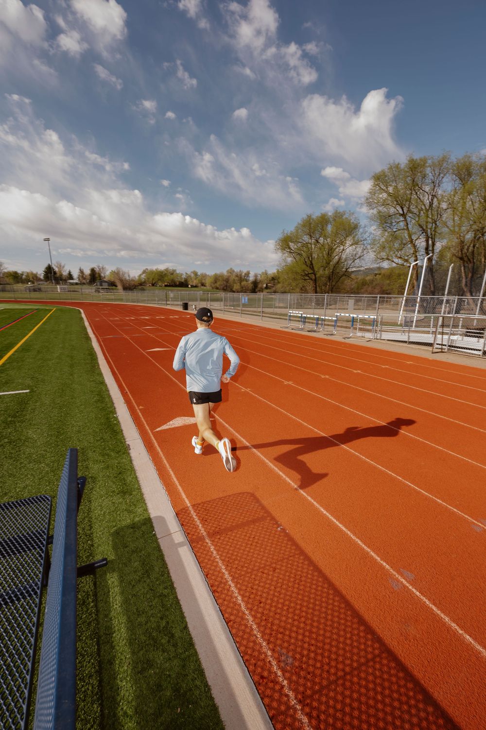 A sequence of running track photos shows a person jogging on an orange track with green grass and blue sky in the background.