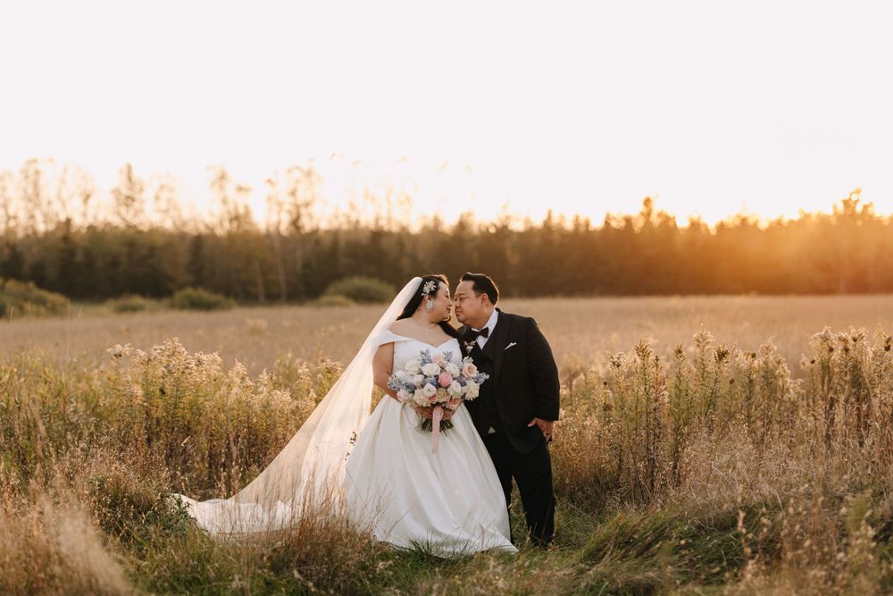 Wedding couple embraces in tall grass with sunlit trees in the background.