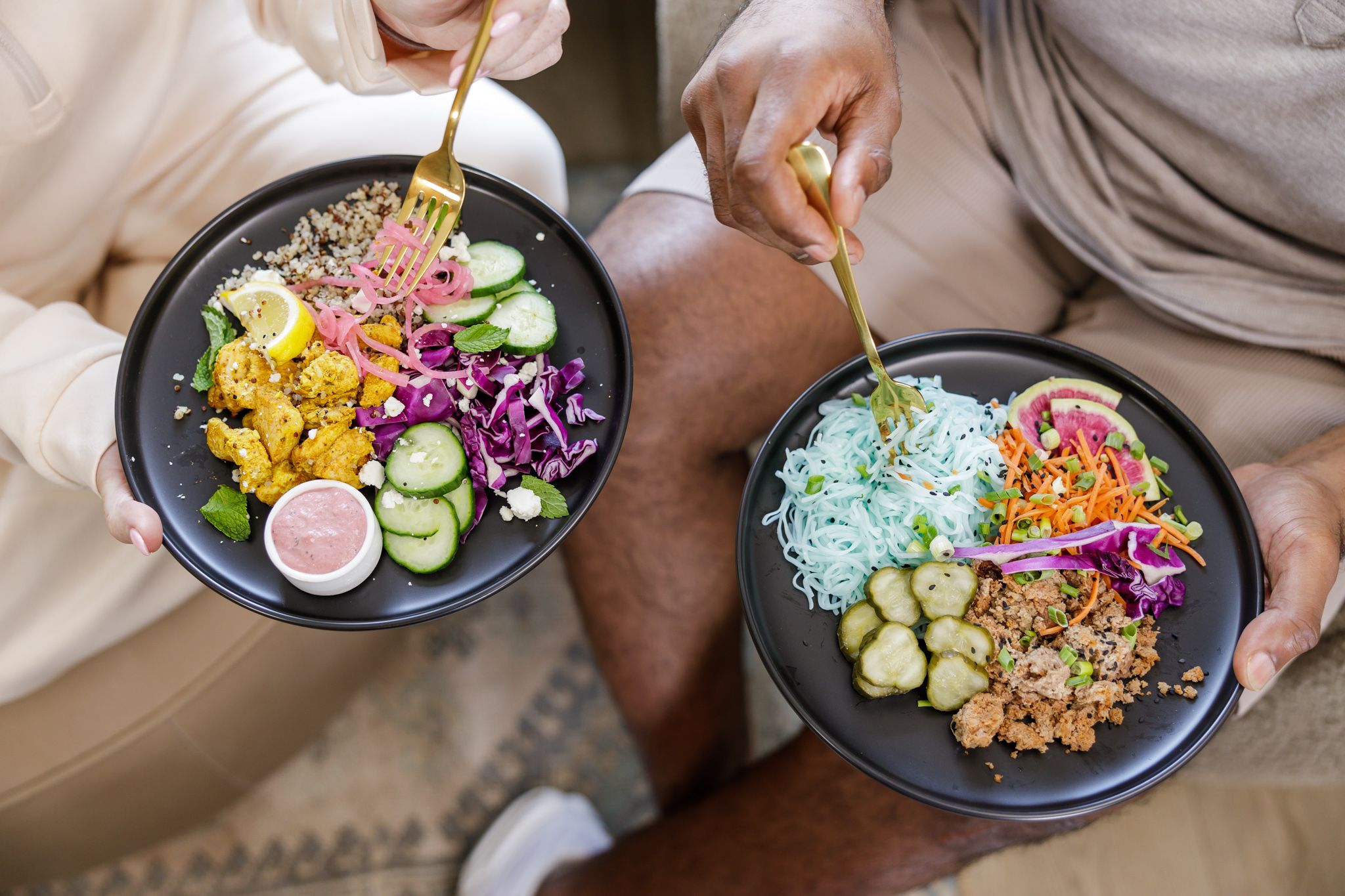 Fuller Nutri Fuel Seattle, WA Meal Prep delivery service for the busy professional product 2 partners sitting eating plate of food
