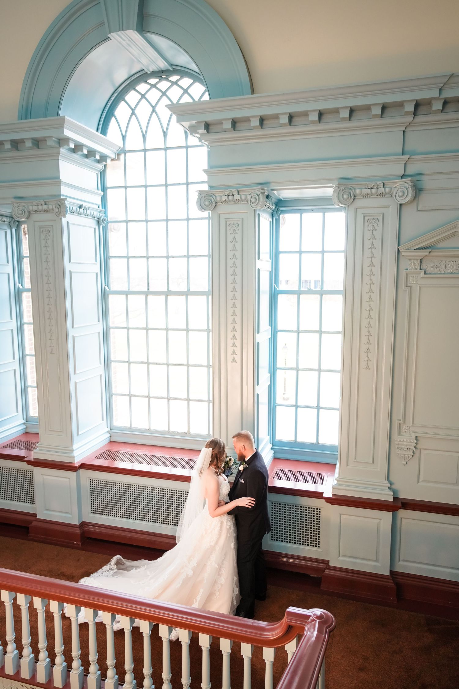 The Henry Ford Museum wedding photography, shot by the clocktower in the beautiful recreation of Independence Hall.