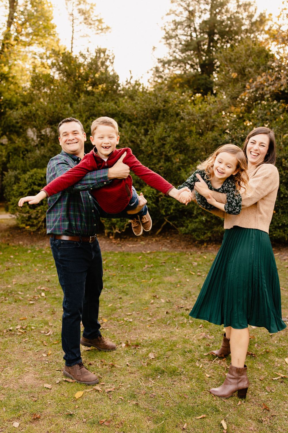 A playful sequence of four photos showing joyful interaction between two people in a grassy outdoor setting at sunset in Rockville Maryland.