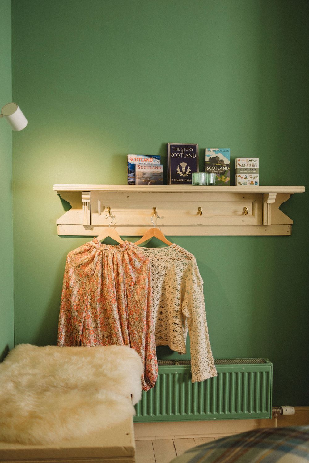 Green wall with white shelf displaying books and vintage-style clothing hooks.