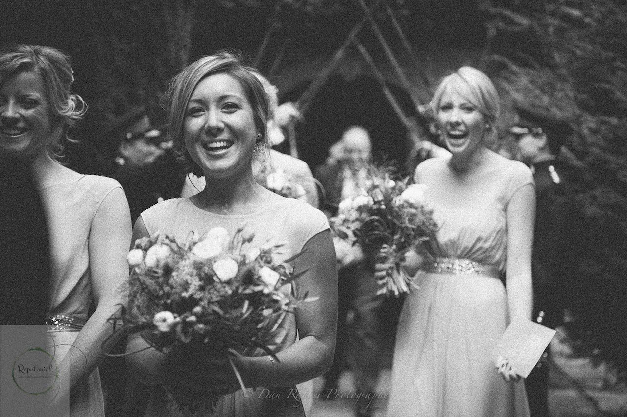 Reportage detail shot of bridesmaids leaving the church