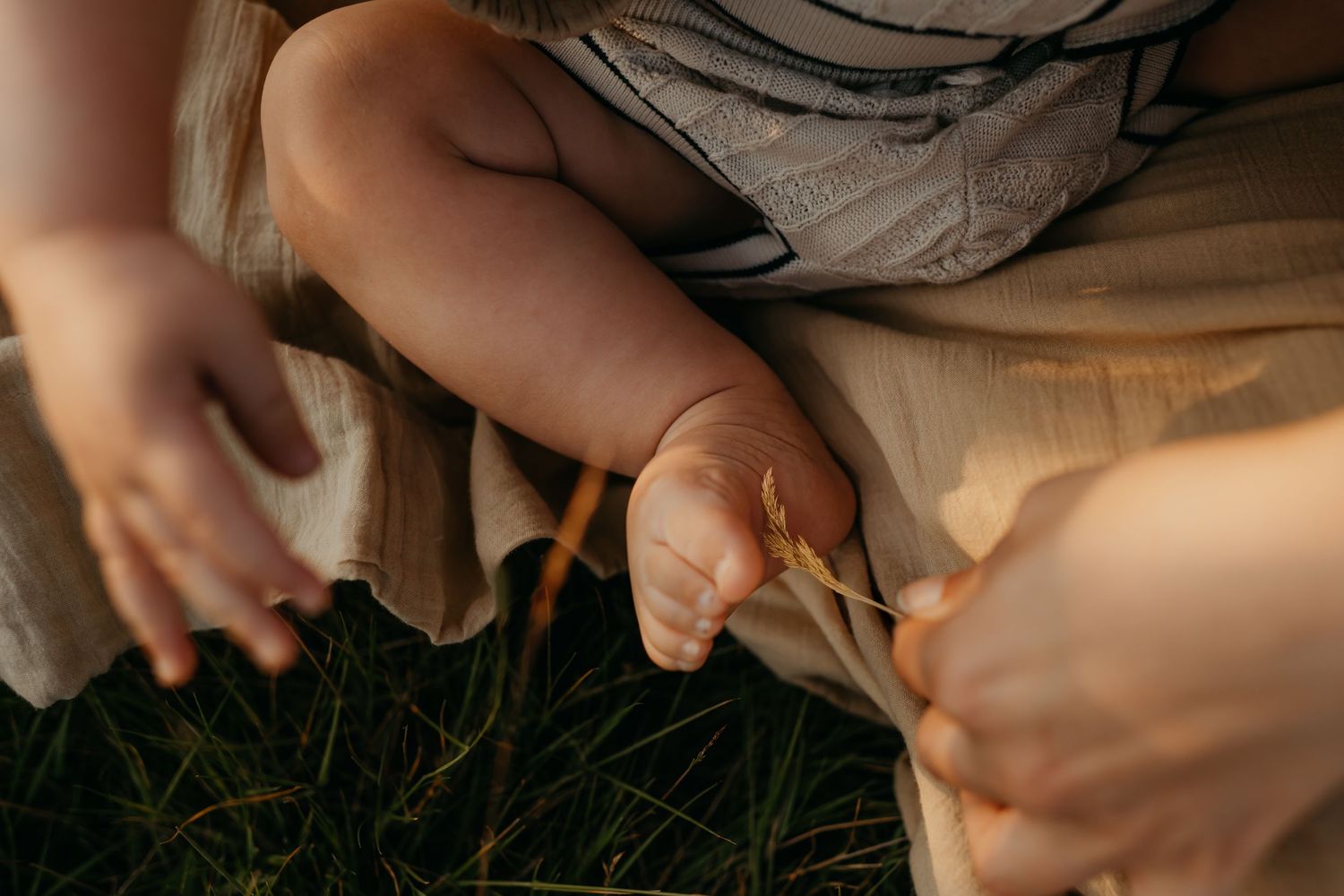 Close up of a boy's foot being tickled with a wispy grass in Elmley Reserve, Kent