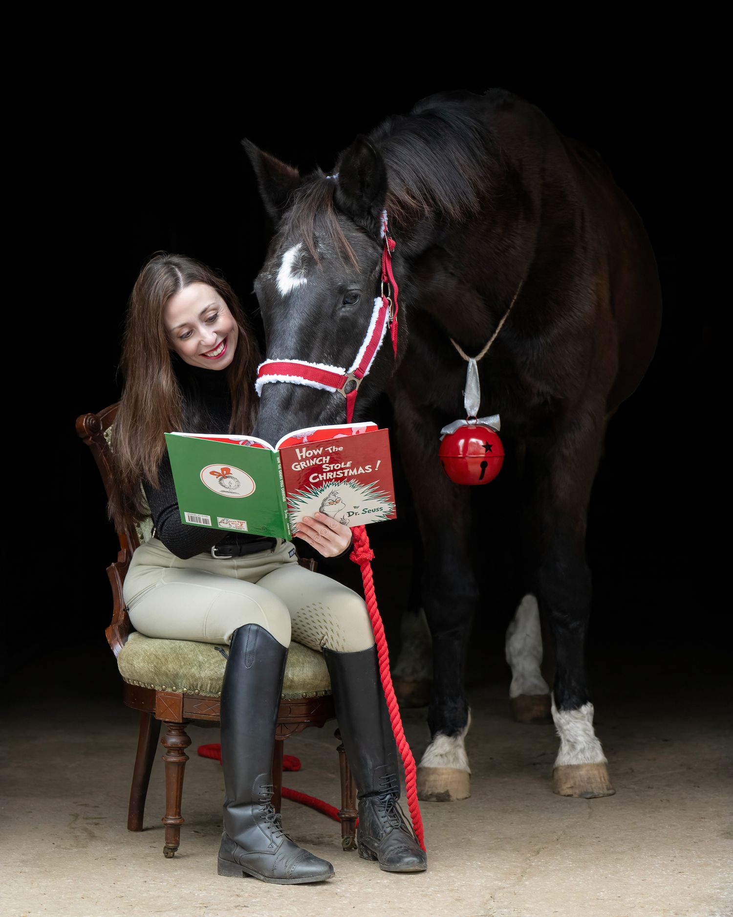 A person in riding gear sits on a stool reading a book to a dark horse wearing a red halter in a dimly lit stable.