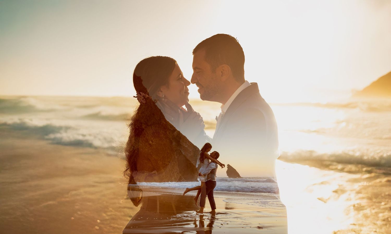 Romantic beach photoshoot silhouettes against vibrant sunset sky.
