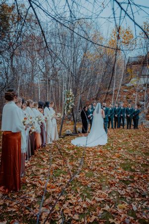 Outdoor fall wedding ceremony with bridal party among bare trees and colorful autumn leaves.