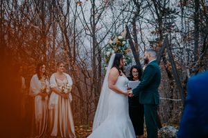 Bride and groom exchanging vows outdoors in a bare winter forest with bridesmaids in champagne gowns.
