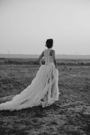 A flowing wedding dress with intricate lace details silhouetted against an open landscape.