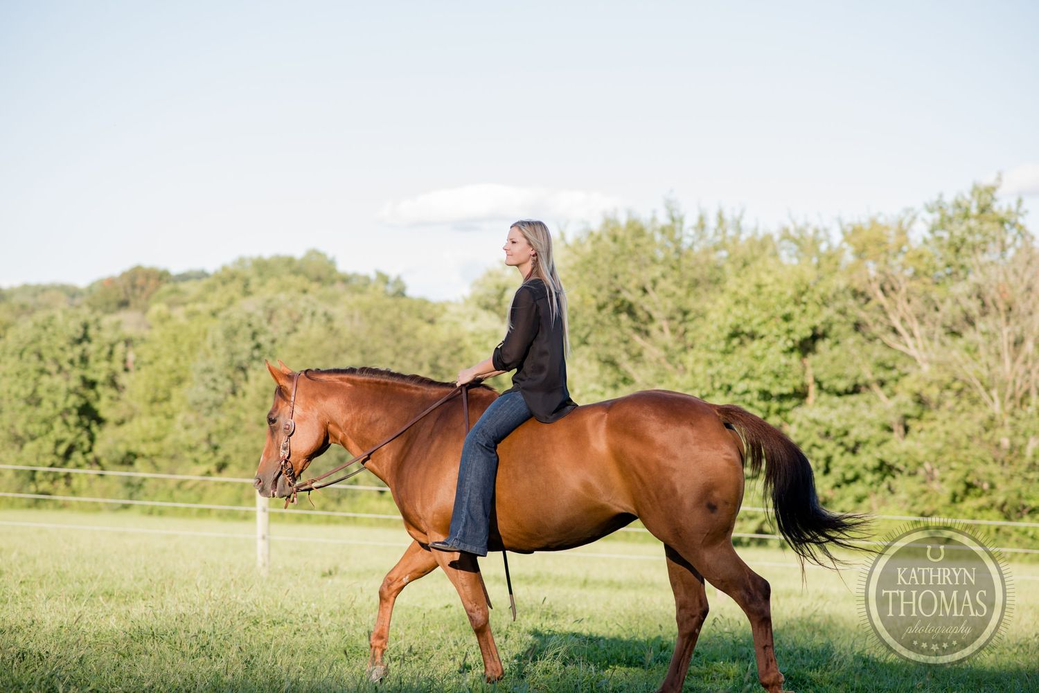 Horseback rider enjoying a peaceful ride on chestnut horse in green summer field.