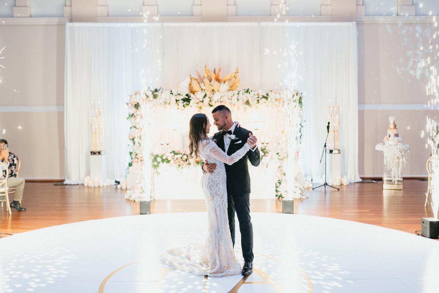 intimate couple bride and groom wedding photo first dance at banquet dinner