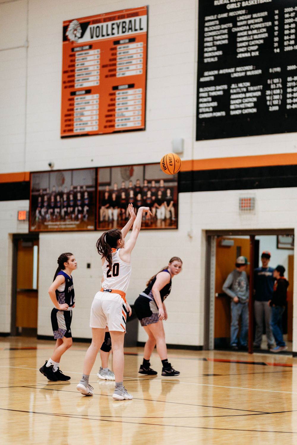 Player #20 shoots a free throw during a girls high school basketball game at Rural Retreat High School gym.