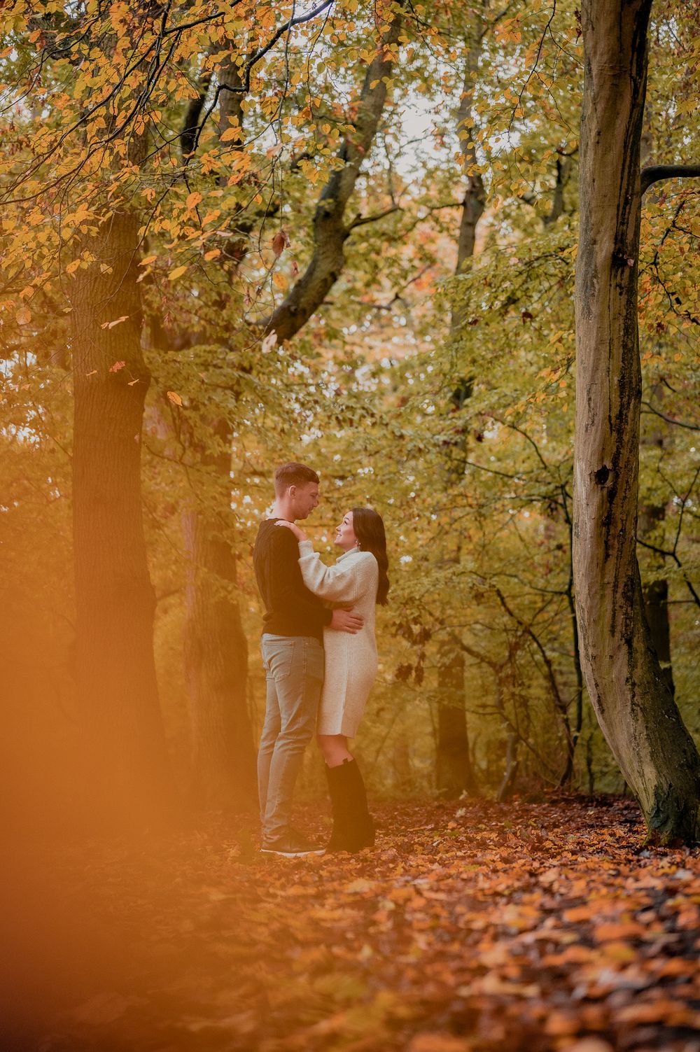 A romantic autumn forest scene with golden sunlight filtering through trees as a couple embraces among fallen leaves.