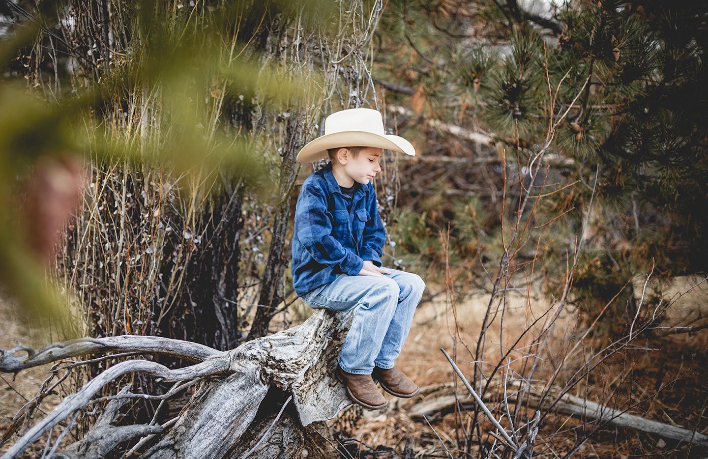 little ellensburg cowboy sitting on a fallen tree