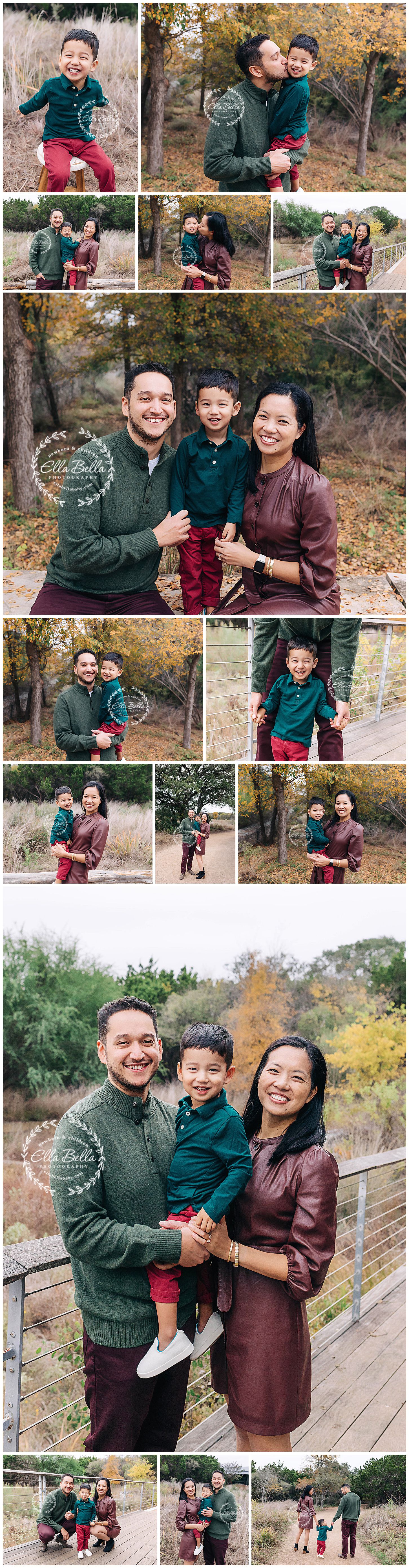 Collection of outdoor family portraits in autumn setting showing candid moments and poses.