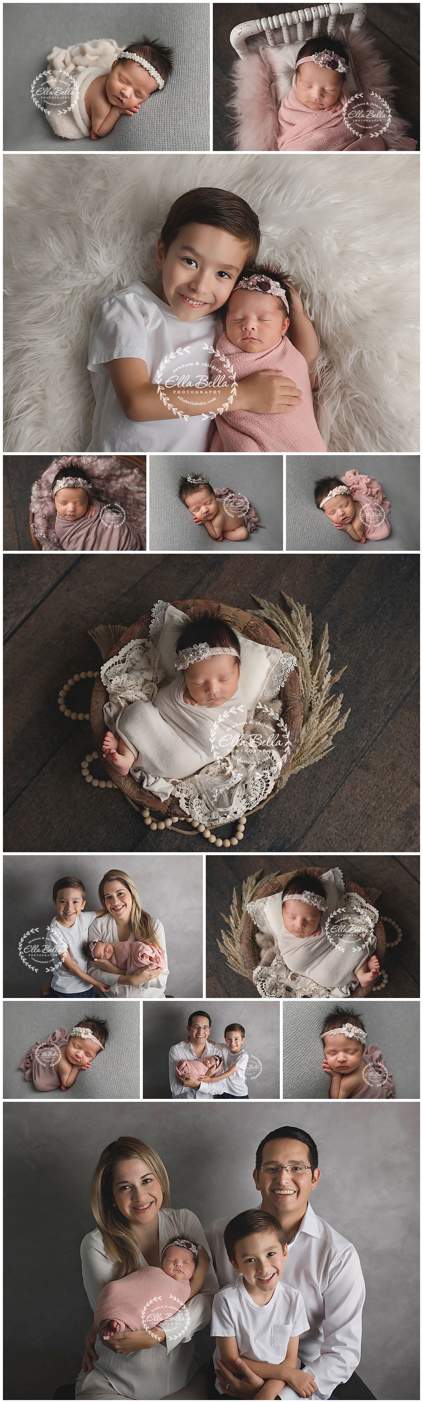 Family portrait collection featuring newborn and sibling photos in soft pink and grey tones.