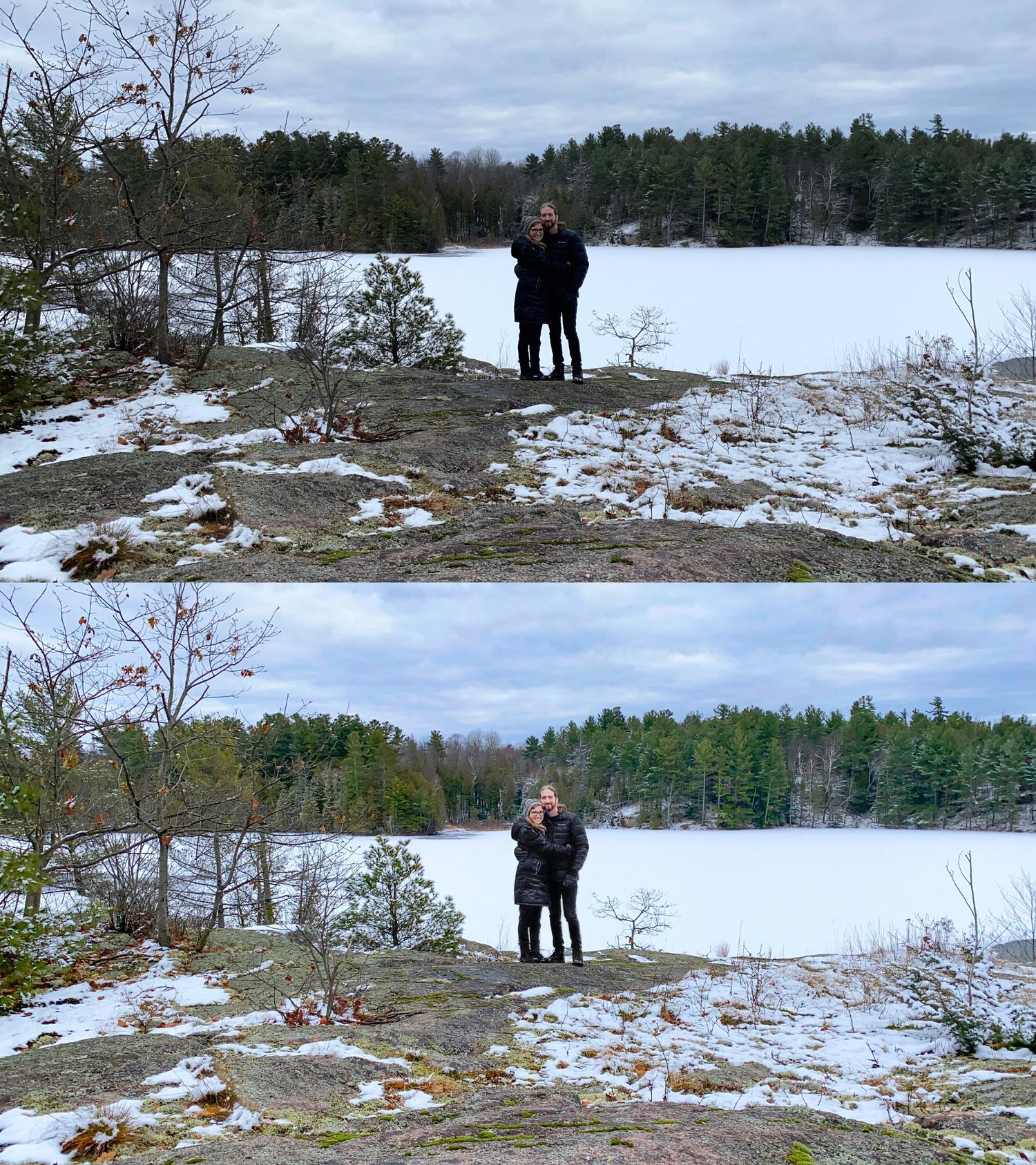 before-and-after-couple.jpeg, hiking couple have a before and after photo with the after photo colour popping and bright
