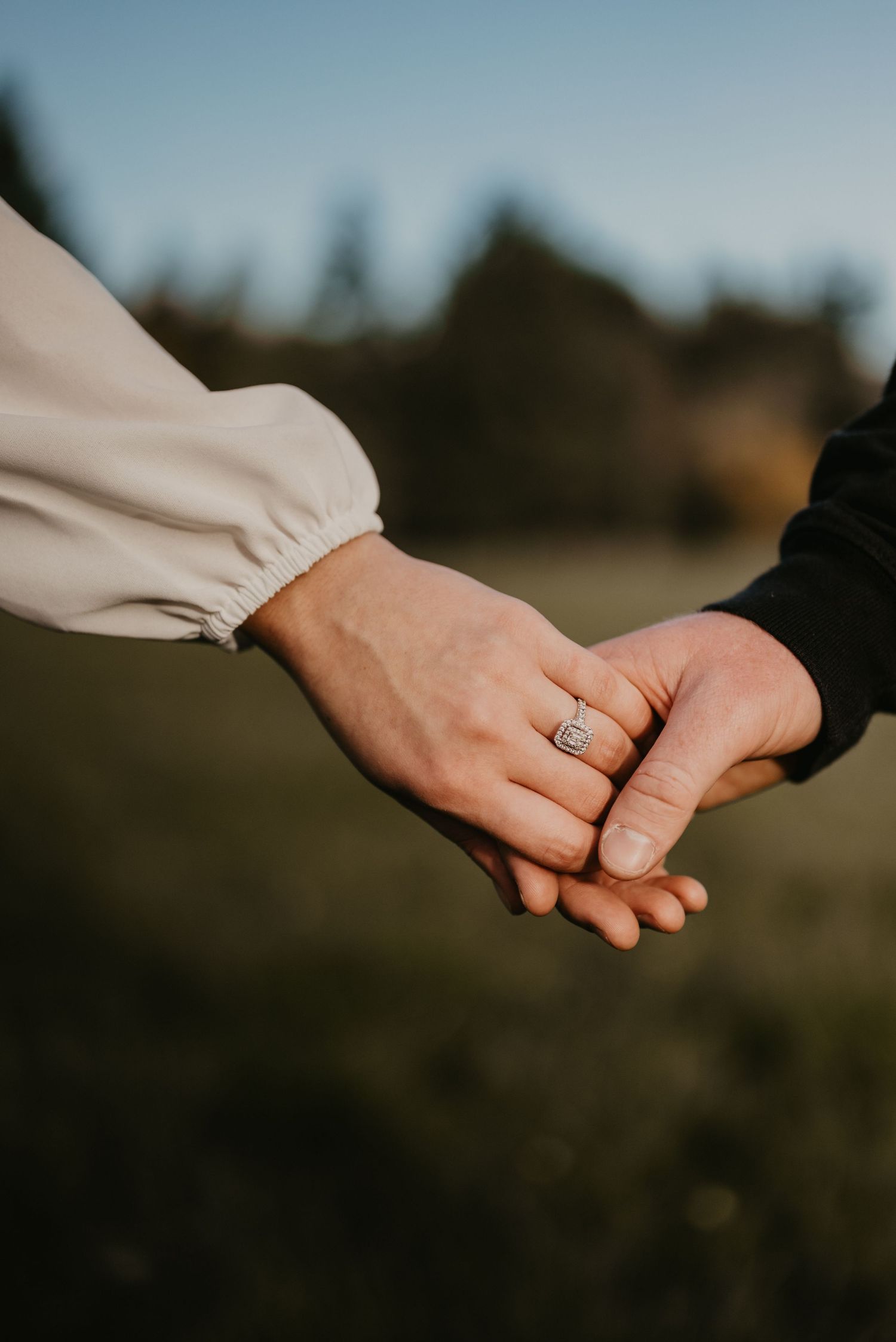 Close-up of couple holding hands with engagement ring visible against natural background.