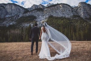 Bride and groom stand hand in hand facing dramatic Rocky Mountain peaks in a golden field.