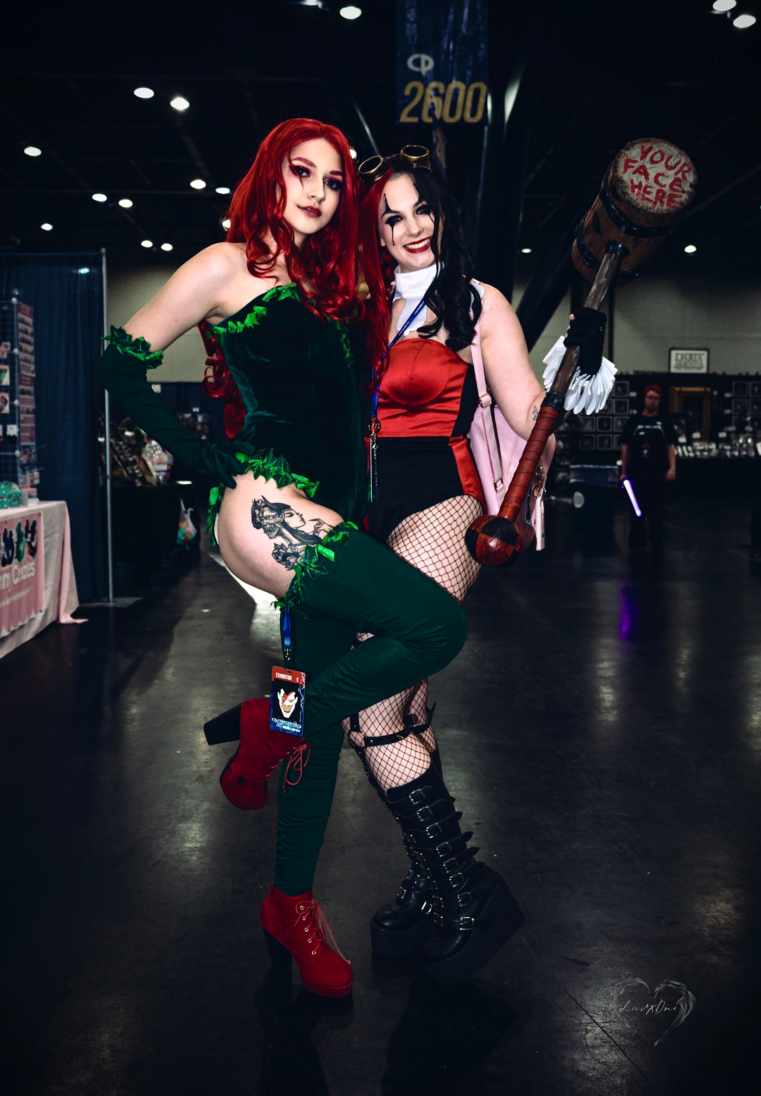 Two cosplayers in Poison Ivy and Harley Quinn inspired outfits pose together.